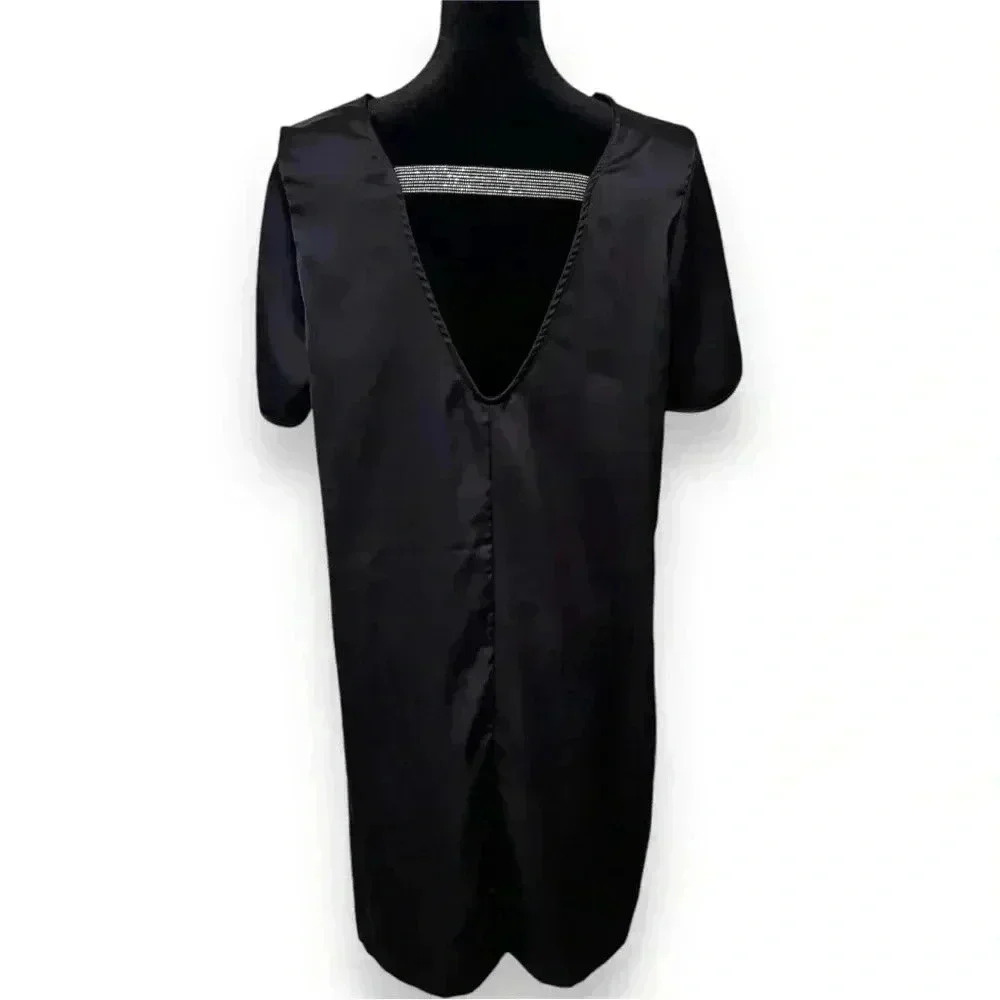 H&M Black Short Sleeve Satin Cutout Sleeve and Back with Silver Detail Minidress - Picture 2 of 16
